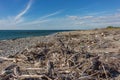 Natural waste and man-made trash from the Japan Sea, washed up on the beach at Mikawa, Japan Royalty Free Stock Photo