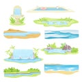 Natural Water Landscape with Flowing River Stream, Waterfall, Pond and Fountain Vector Set