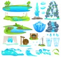 Natural water landscape vector illustration, cartoon flat nature set of flowing river stream, waterfall on mountain Royalty Free Stock Photo