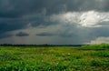 Natural water reservoir. Water sustainability. Landscape of green grass field and overcast sky. Fresh water for human consumption Royalty Free Stock Photo