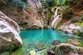 Natural waterfall and lake in Polilimnio area in Greece. Royalty Free Stock Photo