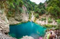 Natural waterfall and lake in Polilimnio area in Greece. Royalty Free Stock Photo