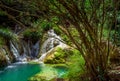 Natural waterfall and lake in Polilimnio area in Greece. Royalty Free Stock Photo