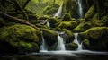 natural waterfall with rocks and green moss. Generative AI Royalty Free Stock Photo