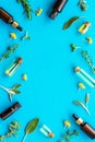 Natural wellness. Essential oils near herbs and leaves on blue background top view pattern frame copy space Royalty Free Stock Photo