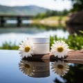 the natural white and green eye cream with daisies and water and flowers on a shelf in front of a lake, Royalty Free Stock Photo