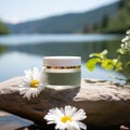 the natural white and green eye cream with daisies and water and flowers on a shelf in front of a lake, Royalty Free Stock Photo