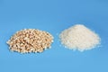 Natural white rice and airy sweet rice on a blue background