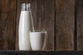 Natural whole milk in a bottle and glass
