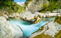 Natural wild river with turquoise water rapids in forest mountain valley. Royalty Free Stock Photo