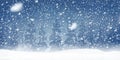 Natural Winter Christmas background with blue sky, heavy snowfall, snowflakes in different shapes and forms, snowdrifts. Winter Royalty Free Stock Photo