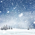 Natural Winter Christmas background with blue sky, heavy snowfall, snowflakes in different shapes and forms, snowdrifts. Winter Royalty Free Stock Photo