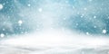 Natural Winter Christmas background with blue sky, heavy snowfall, snowflakes in different shapes and forms, snowdrifts Royalty Free Stock Photo