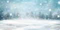 Natural Winter Christmas background with blue sky, heavy snowfall, snowflakes, snowy coniferous forest, snowdrifts Royalty Free Stock Photo