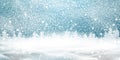 Natural Winter Christmas background with blue sky, heavy snowfall, snowflakes, snowy coniferous forest, snowdrifts Royalty Free Stock Photo