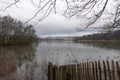 A winter scenic wide angle view on the calm Kraenepoel lake in Aalter, Flanders