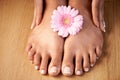 Natural woman and manicure with flower on feet for luxury cosmetic treatment with spa pedicure nails zoom. Healthy Royalty Free Stock Photo