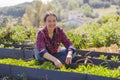 Natural woman working in sunny sustainable garden Royalty Free Stock Photo