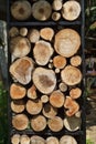 Natural wood background - closeup of chopped firewood. Firewood is stacked and prepared for the winter pile of logs. Royalty Free Stock Photo