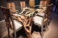 natural wood dining room set with glass tabletop and metal accents