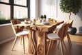 natural wood dining table and chairs, perfect for a cozy dinner with friends