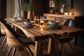 natural wood dining table and chairs, perfect for a cozy dinner with friends