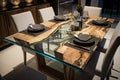 natural wood dining table with sleek glass top, ready to host a meal