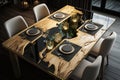 natural wood dining table with sleek glass top, ready to host a meal