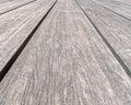 Natural wood dock planks converging perspective lines closeup.