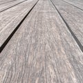 Natural wood dock planks converging perspective lines closeup.