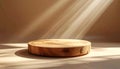 Natural Wood Slice Podium with Soft Light Rays Royalty Free Stock Photo