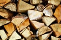 Natural wooden background, closeup of chopped firewood. Firewood stacked and prepared for winter Pile of wood logs