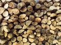 Natural wooden background - closeup of chopped firewood. Firewood stacked and prepared for winter Pile of wood logs. Royalty Free Stock Photo