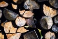 Natural wooden background, closeup of chopped firewood. Firewood stacked and prepared for winter Pile of wood logs Royalty Free Stock Photo
