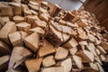 Natural wooden background, closeup of chopped firewood. Firewood stacked and prepared for winter Pile of wood logs. Royalty Free Stock Photo