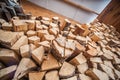 Natural wooden background, closeup of chopped firewood. Firewood stacked and prepared for winter Pile of wood logs. Royalty Free Stock Photo