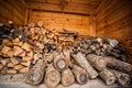 Natural wooden background, closeup of chopped firewood. Firewood stacked and prepared for winter Pile of wood logs. Royalty Free Stock Photo