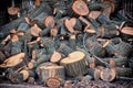 Natural wooden background - closeup of chopped firewood. Firewood stacked and prepared for winter Pile of wood Royalty Free Stock Photo