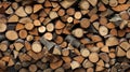 Natural wooden background,closeup of chopped firewood. Firewood stacked and prepared for winter Pile of wood logs. Generative Ai