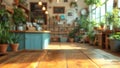 Natural wooden empty table against blurred sustainable cozy cafe or restaurant Royalty Free Stock Photo