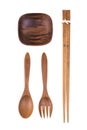 Natural Wooden fork, spoon, chopsticks and small bowl Royalty Free Stock Photo