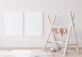 Mock up frame in bright child room with Natural wooden furniture for kids room in Scandinavian interior style