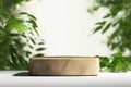 Natural Wooden Product Display Podium with Blurred Leafy Background - 3D Rendering. created with Generative AI