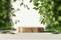 Natural Wooden Product Display Podium with Blurred Leafy Background - 3D Rendering. created with Generative AI