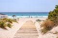 Natural wooden walkway on beach on the sand on the way to the sea Royalty Free Stock Photo