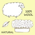 Natural Wool, vector illustration. comb with wavy hair. sheep`s wool. leaf of a plant