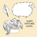 Natural Wool, vector illustration. comb with wavy hair. sheep`s wool. leaf of a plant