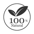 100% natural word and leaf symbol on circle badge vector. Minimalist style, black and white color.