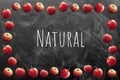 NATURAL word text title frame on vintage blackboard background and apples ornament