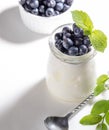 Natural yogurt in glass jar with fresh forest blueberries on white background. Copy space Royalty Free Stock Photo